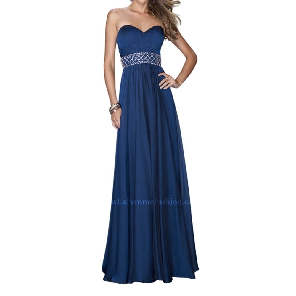 NWT  La Femme Navy Blue Beaded Waist Strapless Formal‎ Gown Maxi Dress sz 4
